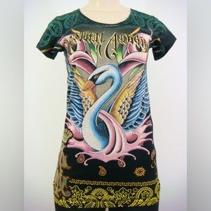 Christian Audigier Women Black Rhinestones Swan Lake Short Sleeve Shirt
